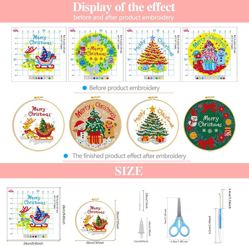 Zhenqing 4 Piece Stamped Cross Stitch Kits Christmas for Beginners,Hand Embroidery kit,Christmas Embroidery Patterns with Embroidery, Tassel, Scissors, Embroidery Tools(68352) - Image 2
